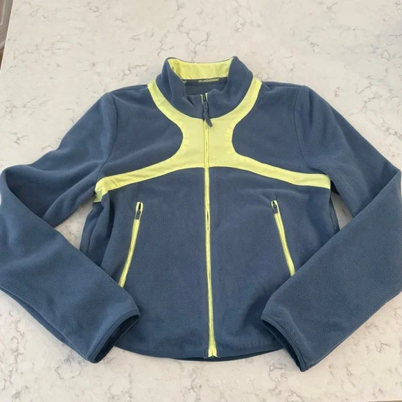 Free People In The Zone Zip Up Fleece Jacket Skyline/ Sour Citrus Size Large - Picture 4 of 11